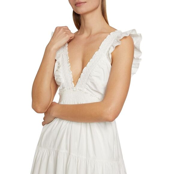 LoveShackFancy Womens Arnene Poplin Smocking Tiered Maxi Dress Small White - NWT - Picture 5 of 6